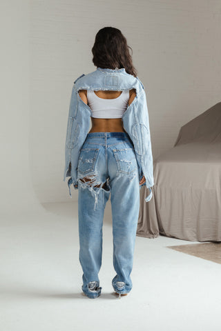 Jean Vintage Cropped Denim Jacket Biker Style Reworked Levis Jacket